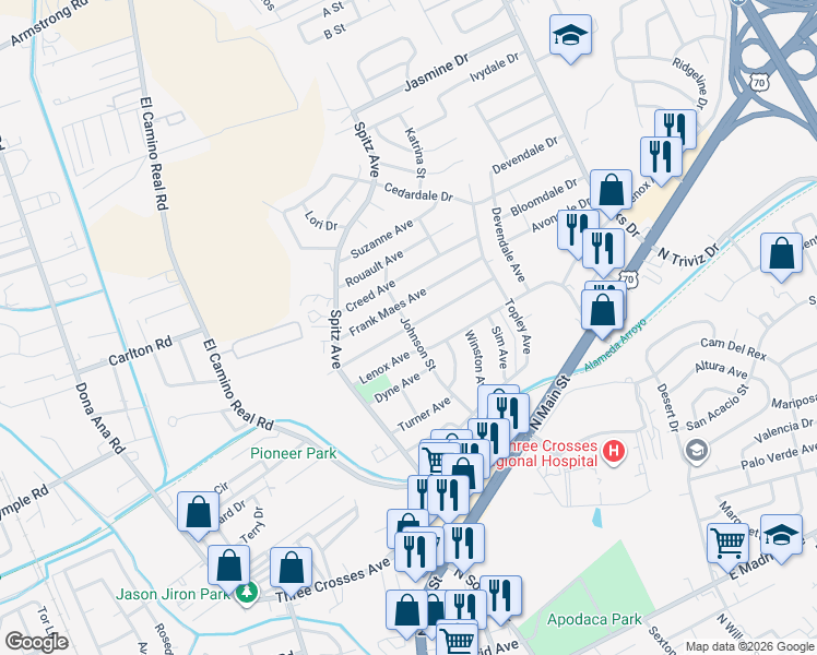 map of restaurants, bars, coffee shops, grocery stores, and more near 2811 Johnson Street in Las Cruces