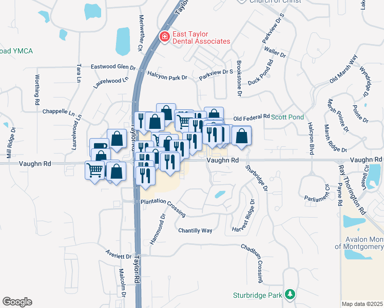 map of restaurants, bars, coffee shops, grocery stores, and more near 8065 Vaughn Road in Montgomery