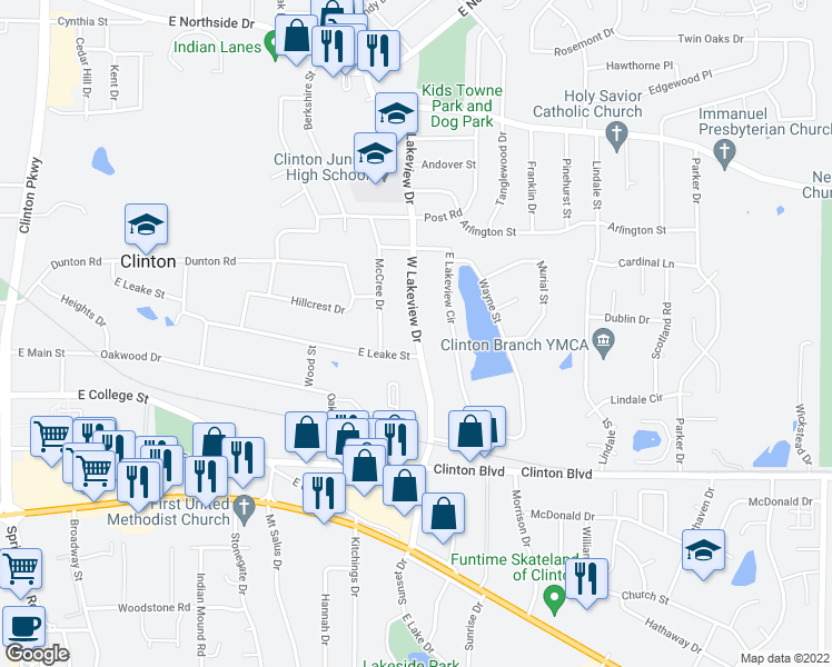 map of restaurants, bars, coffee shops, grocery stores, and more near West Lakeview Drive in Clinton