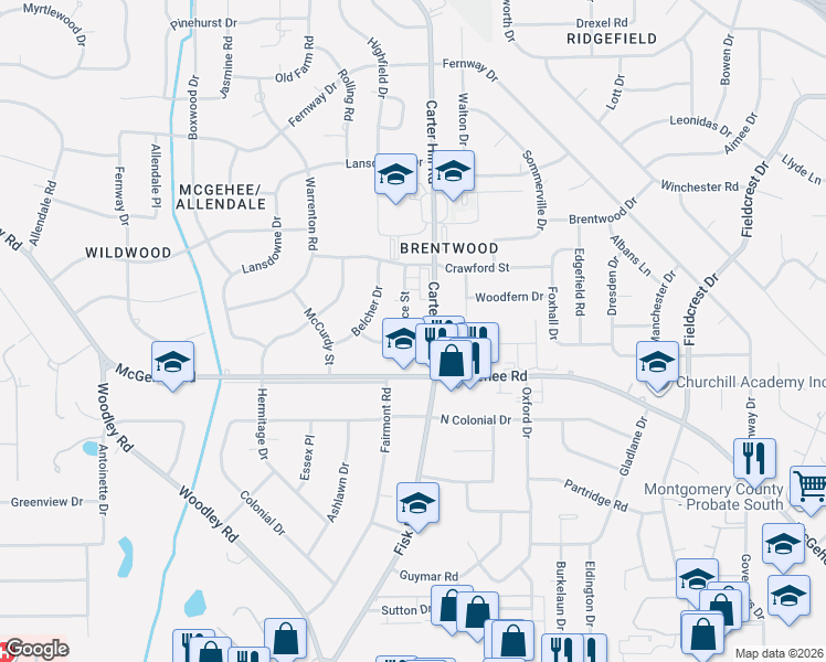 map of restaurants, bars, coffee shops, grocery stores, and more near in Montgomery