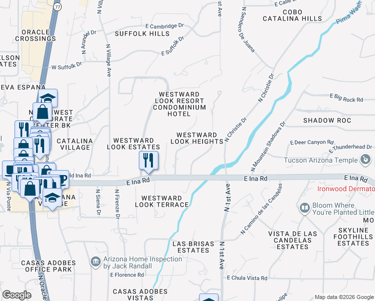 map of restaurants, bars, coffee shops, grocery stores, and more near 7241 North Avenida De Lisa in Tucson