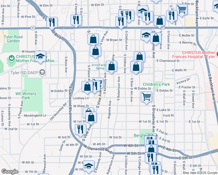 map of restaurants, bars, coffee shops, grocery stores, and more near 622 West Dobbs Street in Tyler