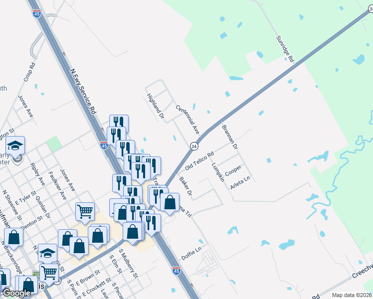 map of restaurants, bars, coffee shops, grocery stores, and more near 2000 East Ennis Avenue in Ennis