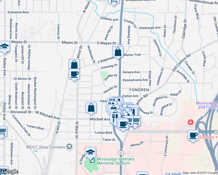map of restaurants, bars, coffee shops, grocery stores, and more near 410 Decelle Street in Jackson