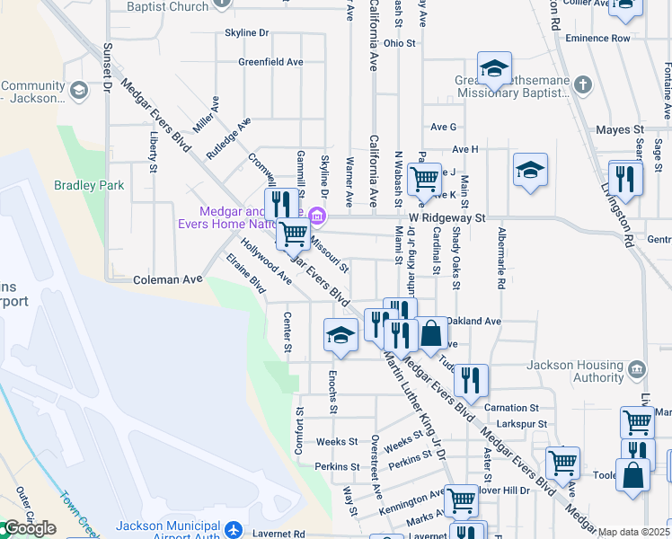 map of restaurants, bars, coffee shops, grocery stores, and more near 2248 Munsey Avenue in Jackson