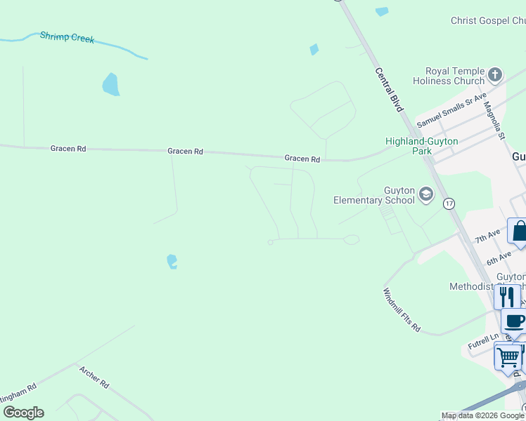 map of restaurants, bars, coffee shops, grocery stores, and more near 39 Blackberry Circle in Guyton