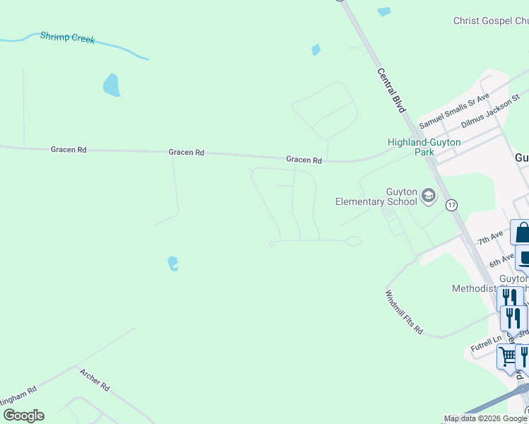 map of restaurants, bars, coffee shops, grocery stores, and more near 39 Blackberry Circle in Guyton