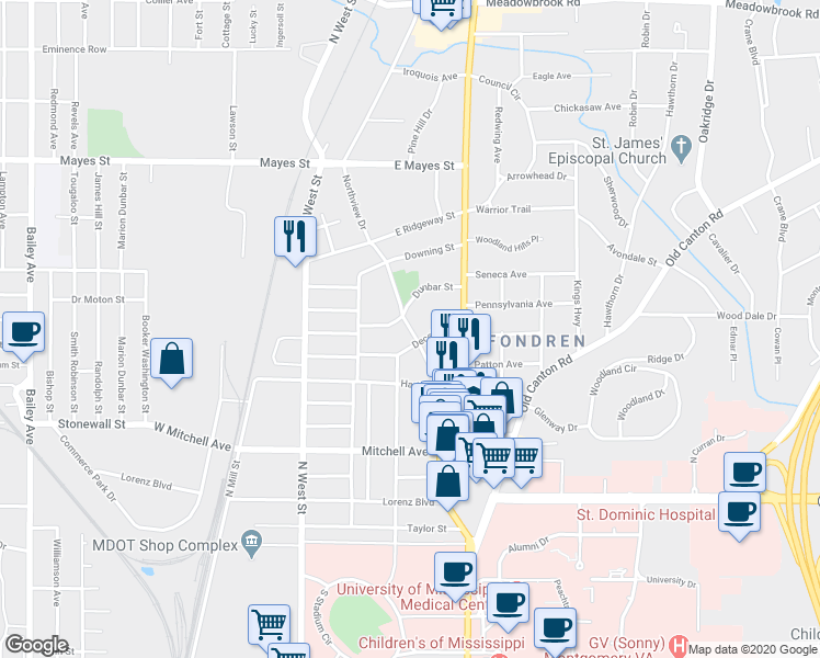 map of restaurants, bars, coffee shops, grocery stores, and more near 3419 Northview Drive in Jackson