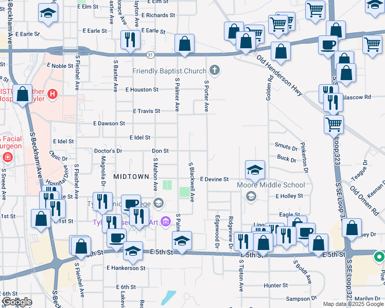 map of restaurants, bars, coffee shops, grocery stores, and more near 1801 East Don Street in Tyler
