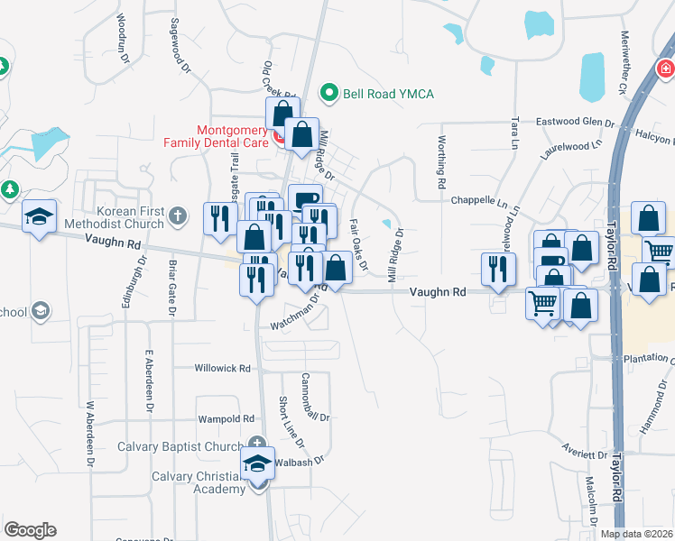 map of restaurants, bars, coffee shops, grocery stores, and more near 2775 Bell Road in Montgomery