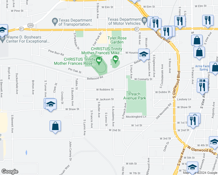map of restaurants, bars, coffee shops, grocery stores, and more near 2002 Bellwood Road in Tyler