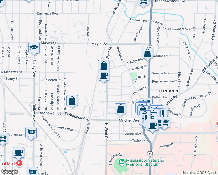 map of restaurants, bars, coffee shops, grocery stores, and more near 209 Stirling Street in Jackson
