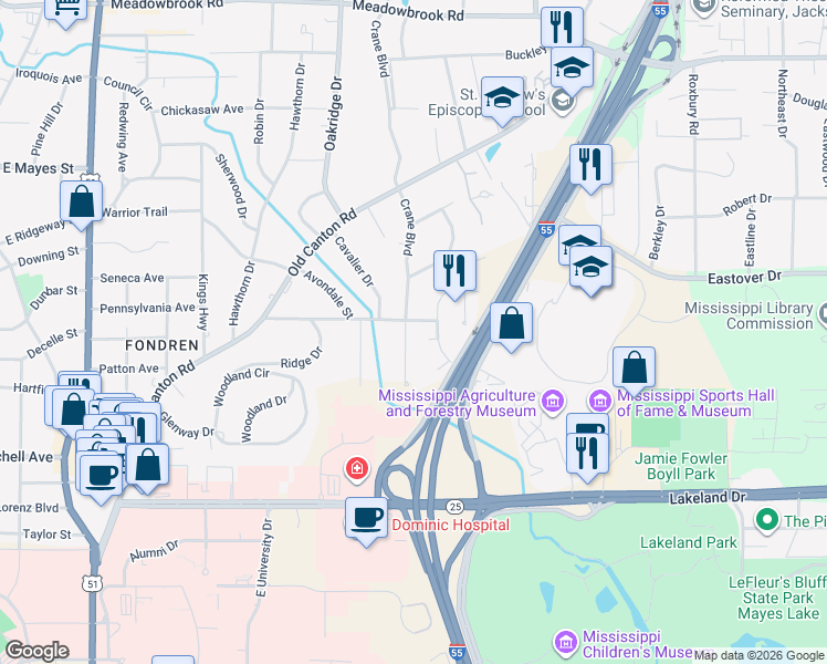 map of restaurants, bars, coffee shops, grocery stores, and more near 418 Wooddale Drive in Jackson