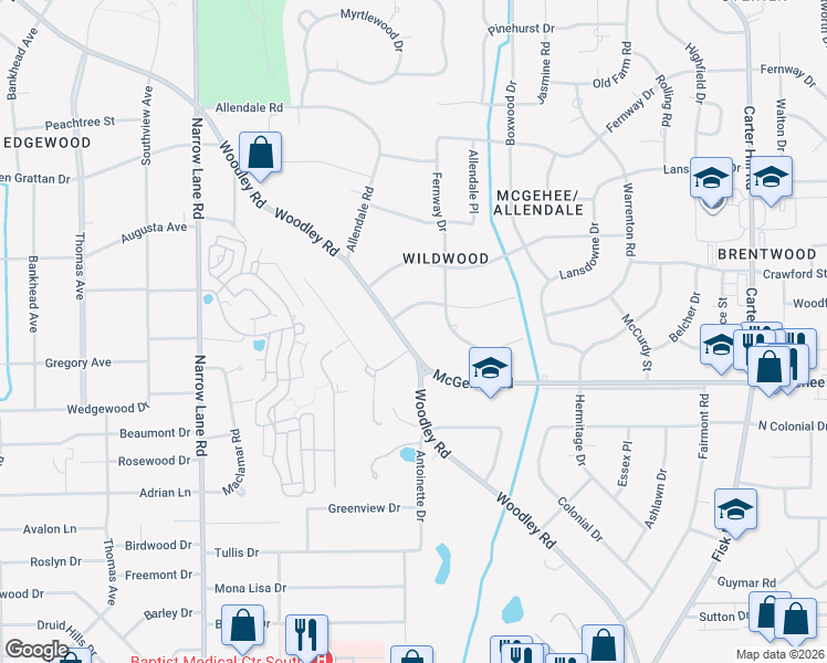 map of restaurants, bars, coffee shops, grocery stores, and more near 2310 Hawthorn Drive in Montgomery