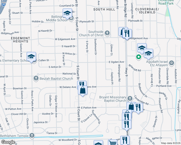 map of restaurants, bars, coffee shops, grocery stores, and more near 3524 Southmont Drive in Montgomery