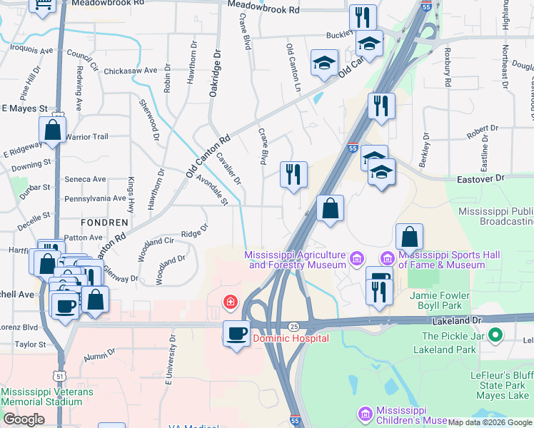 map of restaurants, bars, coffee shops, grocery stores, and more near 418 Wooddale Drive in Jackson