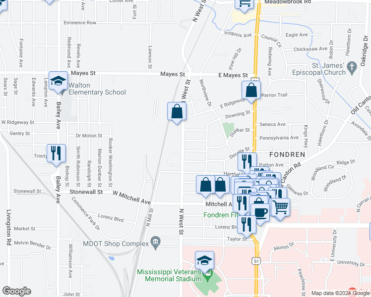 map of restaurants, bars, coffee shops, grocery stores, and more near 209 Stirling Street in Jackson