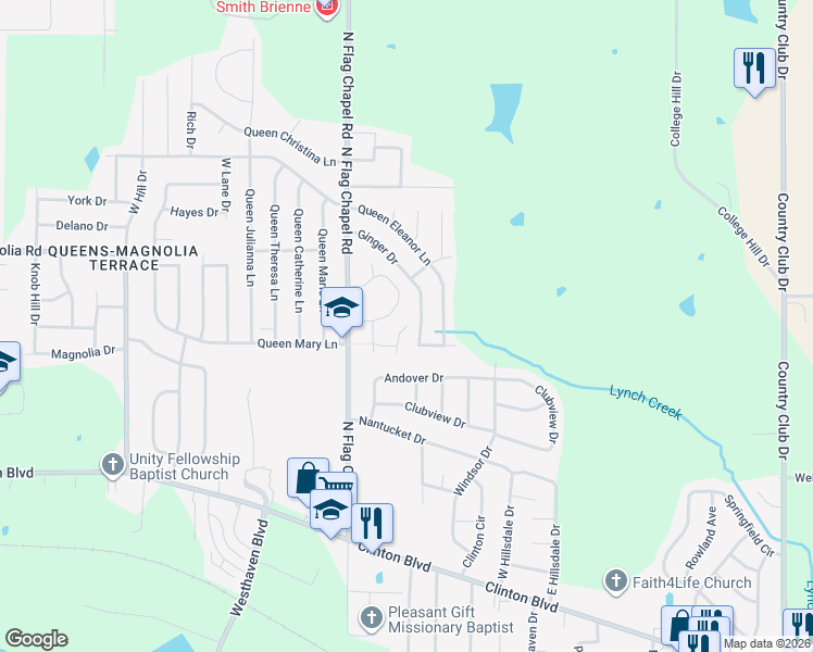 map of restaurants, bars, coffee shops, grocery stores, and more near 5200 Queen Mary Lane in Jackson