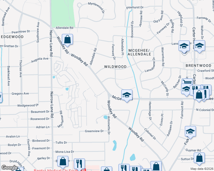 map of restaurants, bars, coffee shops, grocery stores, and more near 2310 Hawthorn Drive in Montgomery