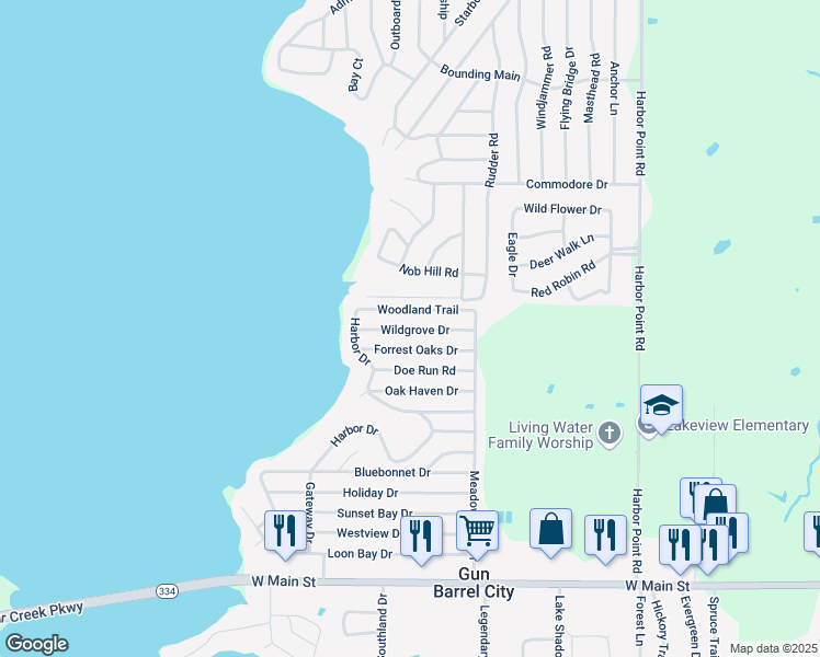 map of restaurants, bars, coffee shops, grocery stores, and more near 135 Woodland Trail in Gun Barrel City