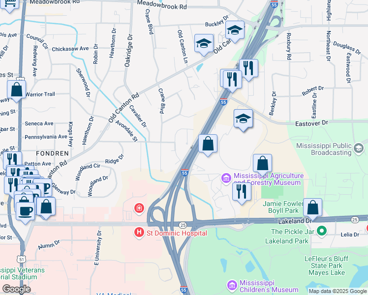 map of restaurants, bars, coffee shops, grocery stores, and more near 3803 Rebecca Court in Jackson
