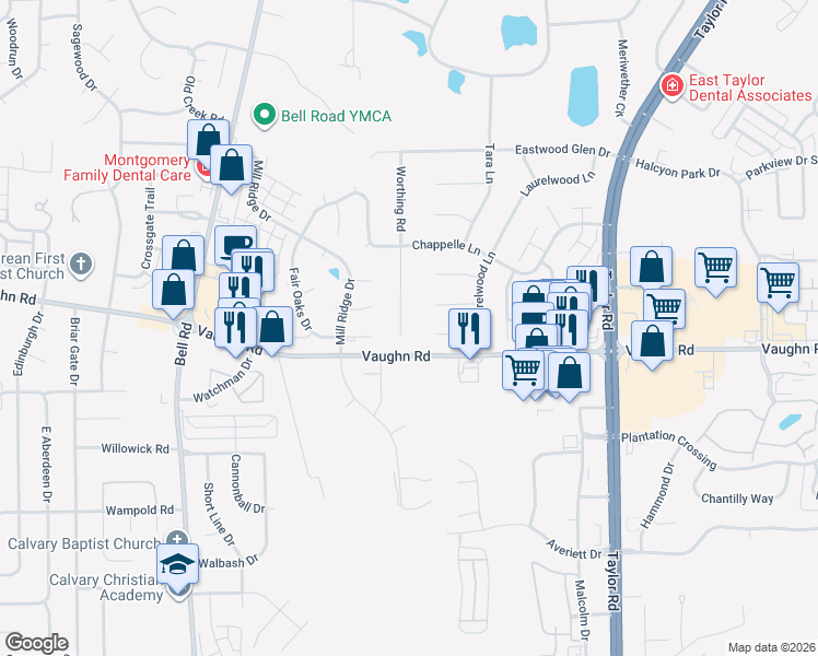 map of restaurants, bars, coffee shops, grocery stores, and more near 1673 Worthing Road in Montgomery