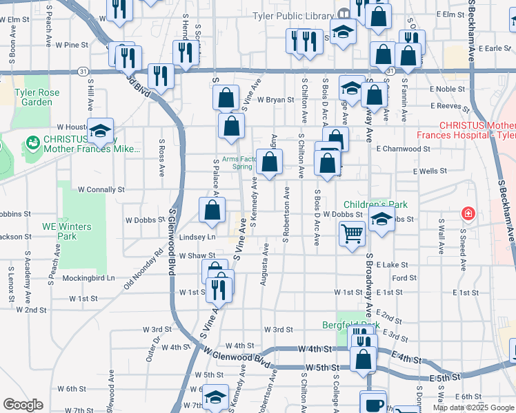 map of restaurants, bars, coffee shops, grocery stores, and more near 625 West Dobbs Street in Tyler