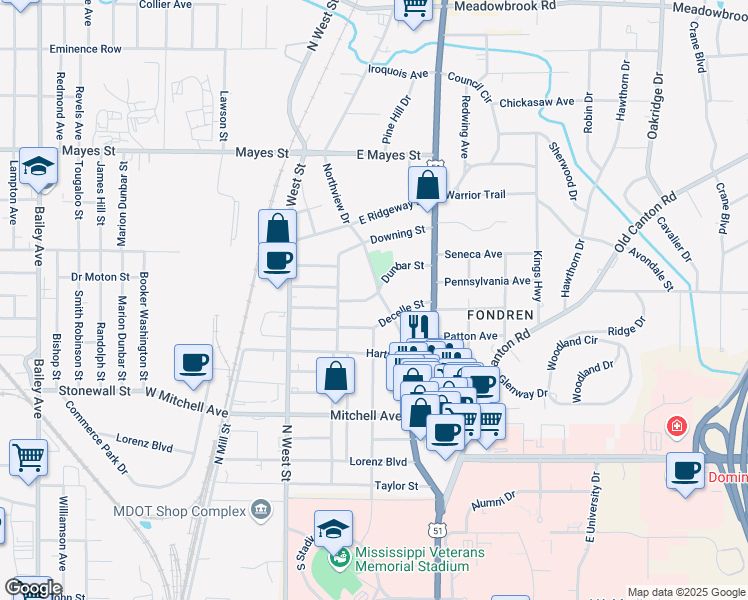 map of restaurants, bars, coffee shops, grocery stores, and more near 3511 Northview Drive in Jackson