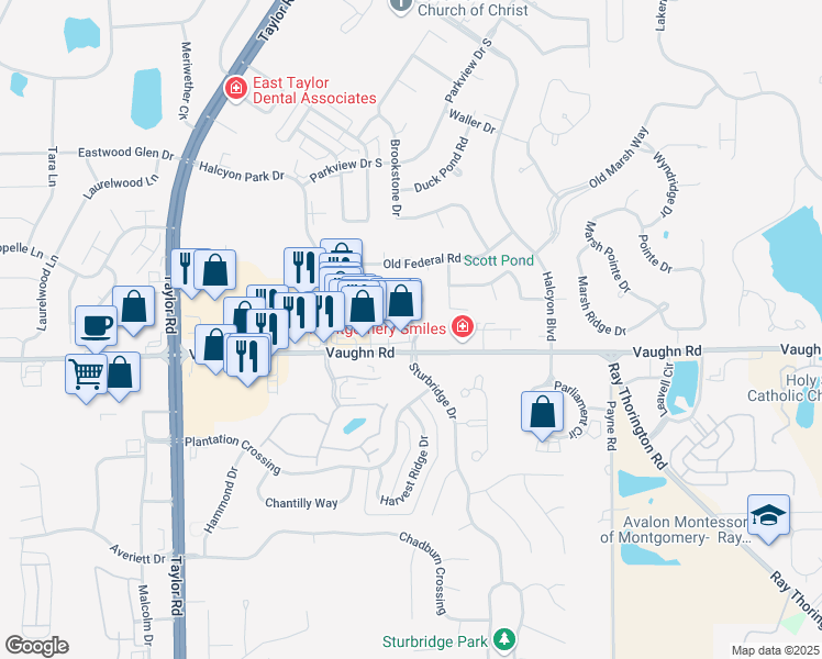 map of restaurants, bars, coffee shops, grocery stores, and more near 7231 Peppertree Lane in Montgomery