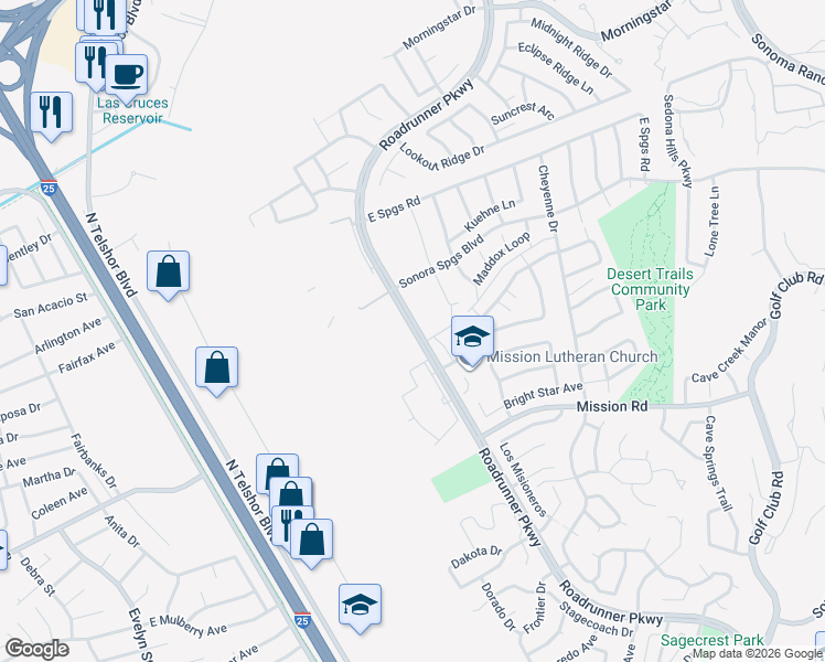 map of restaurants, bars, coffee shops, grocery stores, and more near 2775 North Roadrunner Parkway in Las Cruces