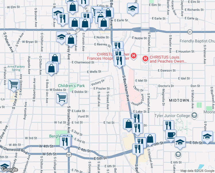 map of restaurants, bars, coffee shops, grocery stores, and more near 523 Victory Drive in Tyler