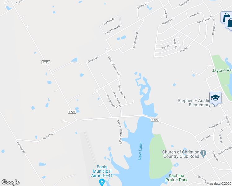 map of restaurants, bars, coffee shops, grocery stores, and more near 2504 Saint Andrews Drive in Ennis