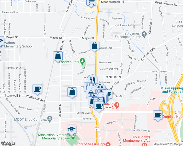 map of restaurants, bars, coffee shops, grocery stores, and more near 434 Decelle Street in Jackson