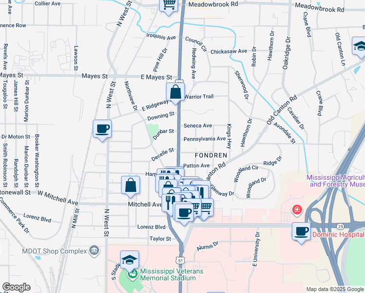 map of restaurants, bars, coffee shops, grocery stores, and more near 3426 North State Street in Jackson