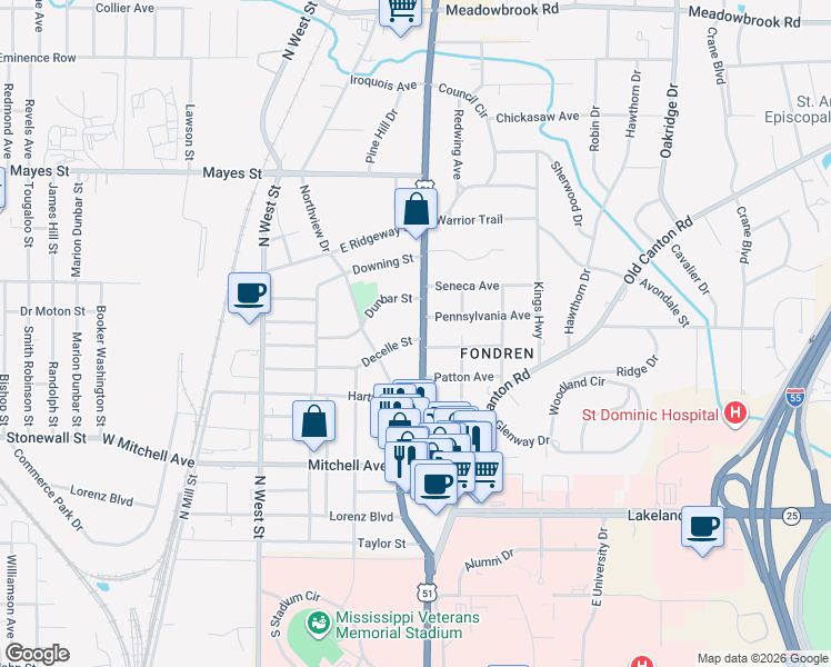 map of restaurants, bars, coffee shops, grocery stores, and more near 3426 North State Street in Jackson