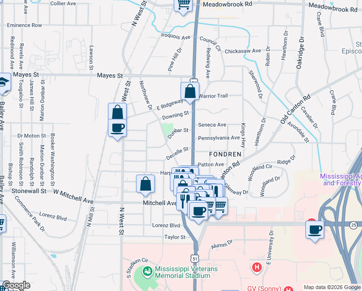 map of restaurants, bars, coffee shops, grocery stores, and more near 3417 North State Street in Jackson