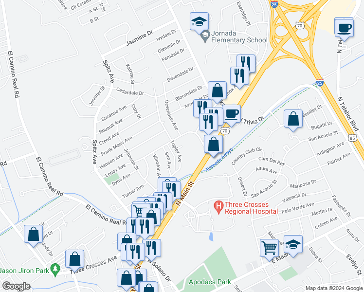 map of restaurants, bars, coffee shops, grocery stores, and more near 2801 Topley Court in Las Cruces