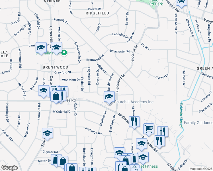 map of restaurants, bars, coffee shops, grocery stores, and more near 3714 Dresden Court in Montgomery