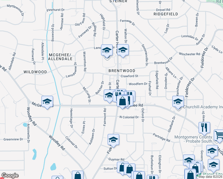 map of restaurants, bars, coffee shops, grocery stores, and more near 2441 Price Street in Montgomery