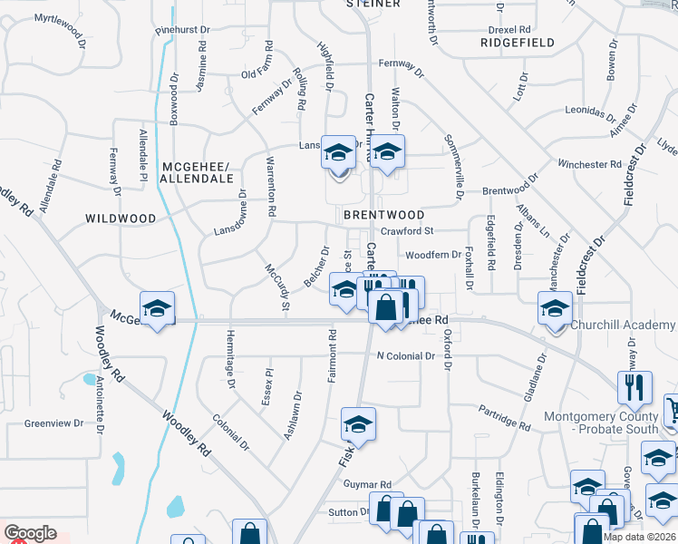 map of restaurants, bars, coffee shops, grocery stores, and more near 2440 Price Street in Montgomery