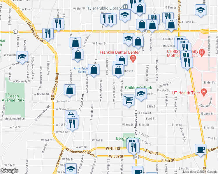 map of restaurants, bars, coffee shops, grocery stores, and more near 832 South Chilton Avenue in Tyler