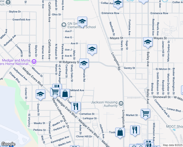 map of restaurants, bars, coffee shops, grocery stores, and more near 3454 Albermarle Road in Jackson