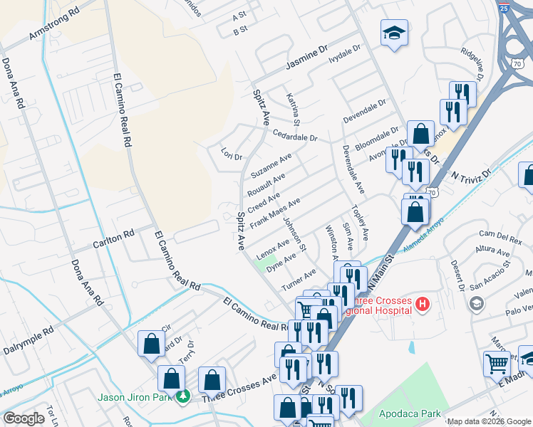 map of restaurants, bars, coffee shops, grocery stores, and more near 695 Frank Maes Avenue in Las Cruces