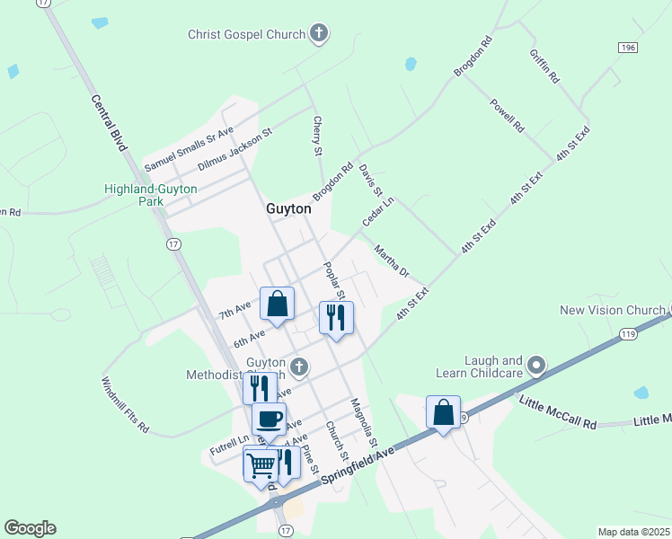 map of restaurants, bars, coffee shops, grocery stores, and more near 680 Poplar Street in Guyton