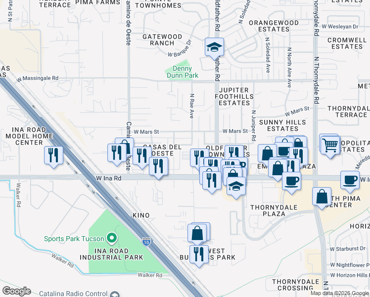 map of restaurants, bars, coffee shops, grocery stores, and more near 4330 West Rae Circle in Tucson