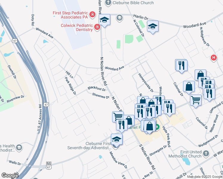 map of restaurants, bars, coffee shops, grocery stores, and more near 502 North Nolan River Road in Cleburne