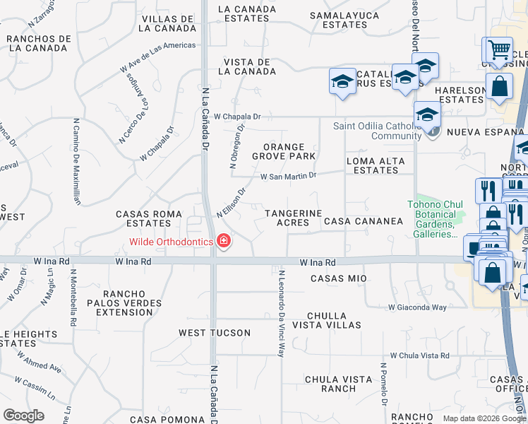 map of restaurants, bars, coffee shops, grocery stores, and more near 1231 W Cananea Cir in Tucson