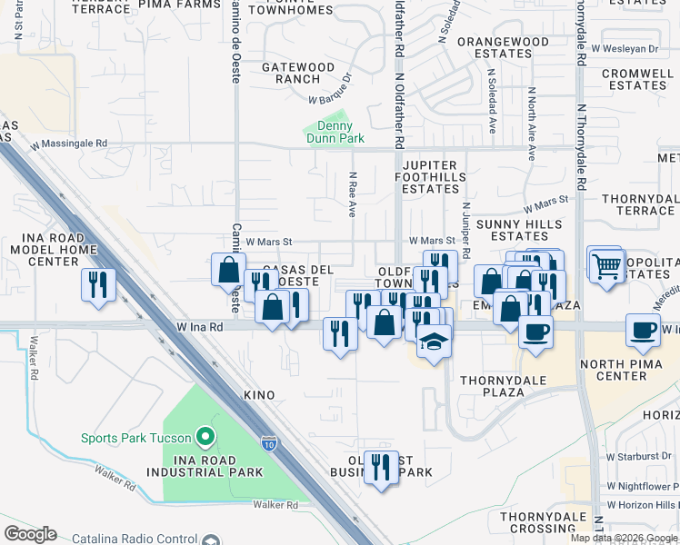 map of restaurants, bars, coffee shops, grocery stores, and more near 4330 West Rae Circle in Tucson