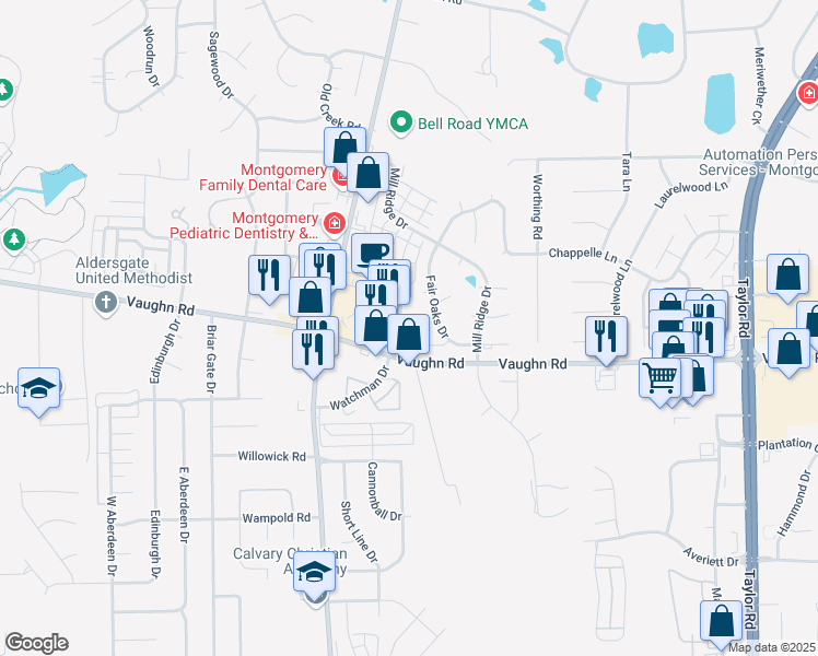 map of restaurants, bars, coffee shops, grocery stores, and more near 2775 Bell Road in Montgomery