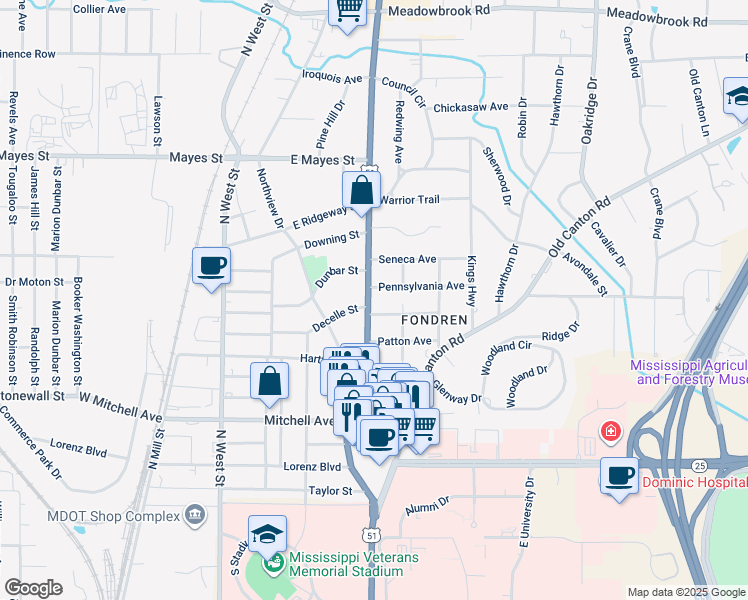 map of restaurants, bars, coffee shops, grocery stores, and more near 3426 North State Street in Jackson